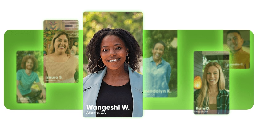 Photos of various customers on a green background